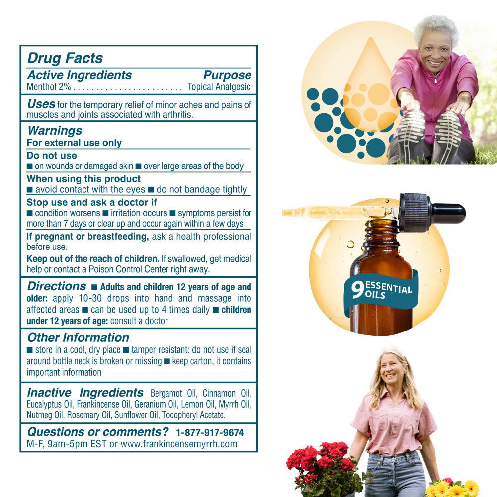 Product label with text and images of a woman and a bottle of essential oils.