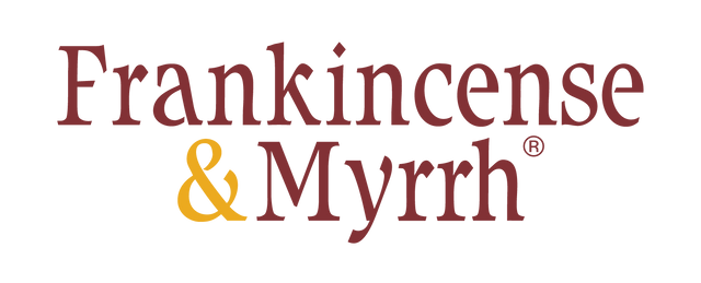 The logo for 'Frankincense & Myrrh' features the words 'Frankincense' and 'Myrrh' in a dark reddish-brown serif font, separated by a yellow ampersand, on a plain white background.