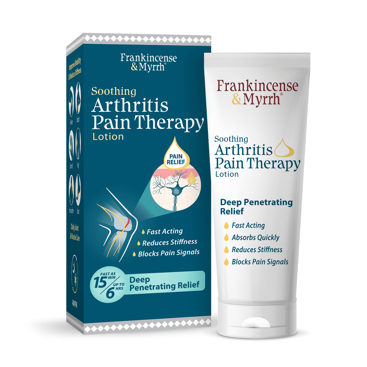 Frankincense & Myrrh Arthritis Pain Therapy packaging and lotion tube on a white background