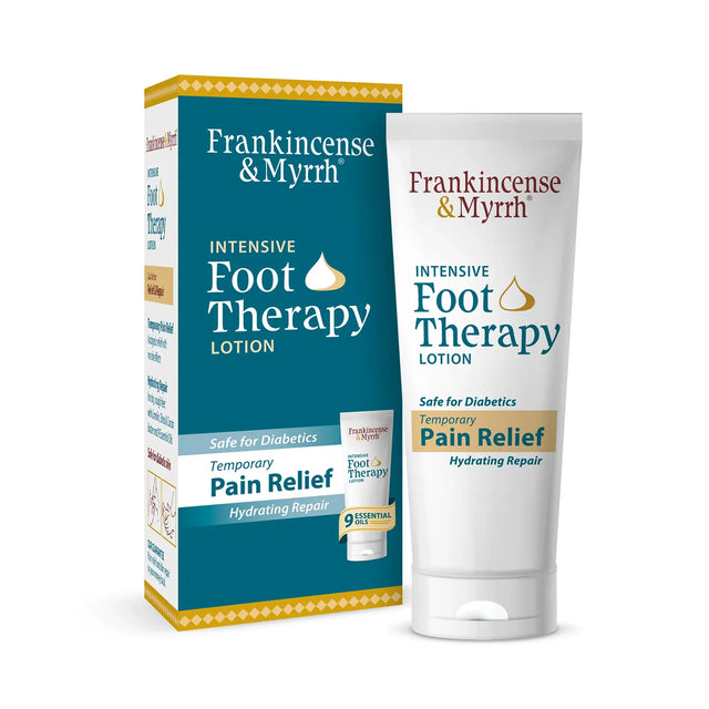 Frankincense & Myrrh Intensive Foot Therapy Lotion packaging and tube on a white background