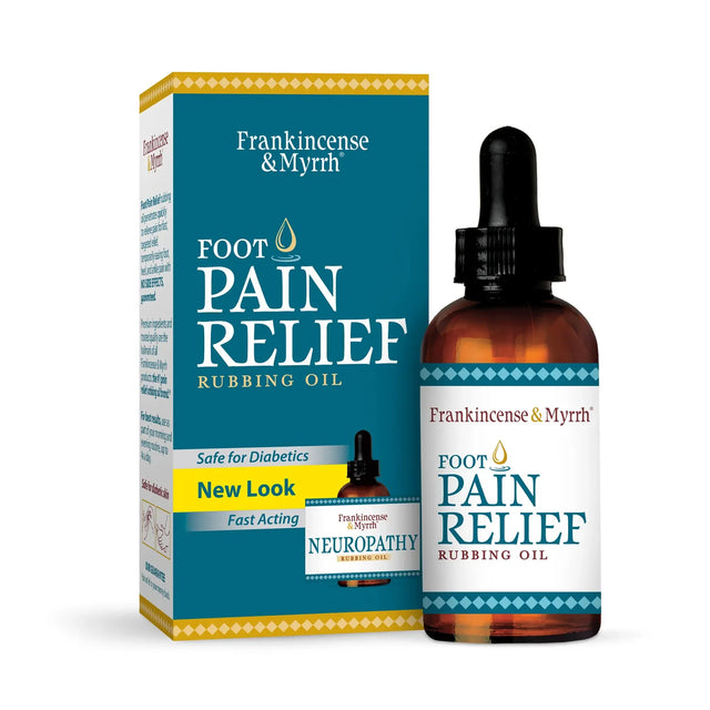 Frankincense & Myrrh Foot Pain Relief Rubbing Oil packaging and bottle on a white background