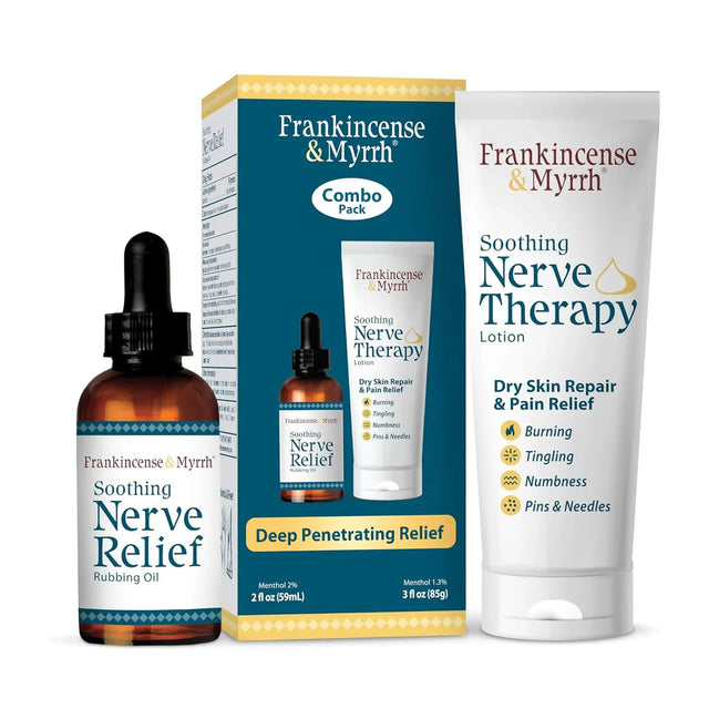 Frankincense & Myrrh skincare and wellness products including lotion, oil, and packaging on a white background.