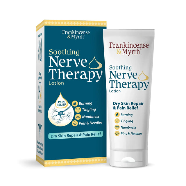 Frankincense & Myrrh Soothing Nerve Therapy Lotion packaging and tube on a white background
