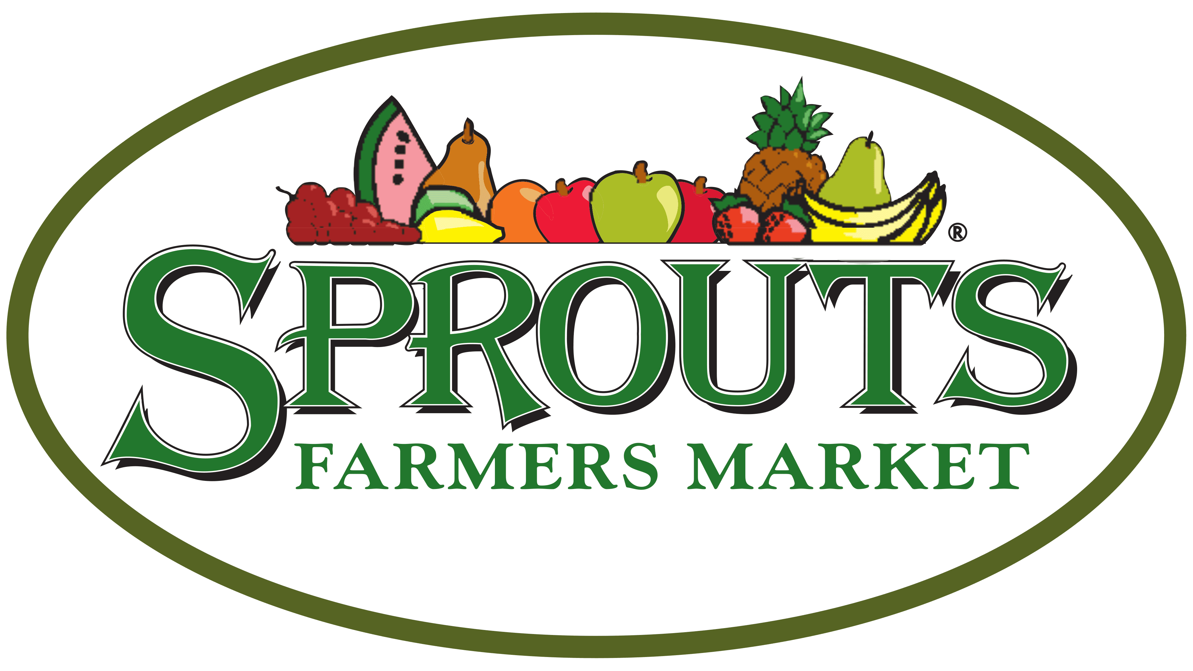 The logo for Sprouts Farmers Market, featuring the words 'SPROUTS' and 'FARMERS MARKET' in green with black outlines, under a row of colorful illustrated fruits, on a white background with a dark olive oval border.