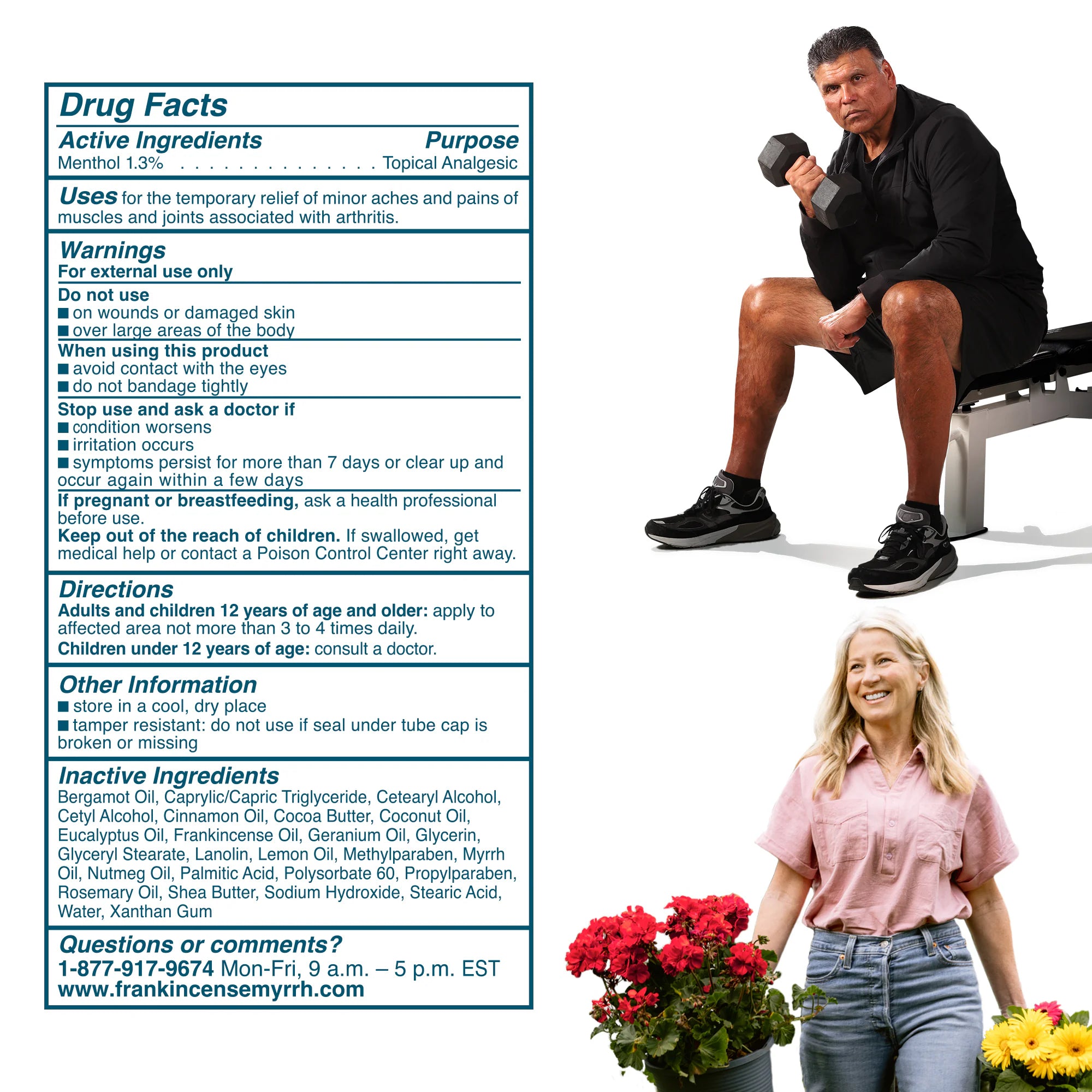 Drug facts label with a man exercising and a woman with flowers, likely for a product advertisement.